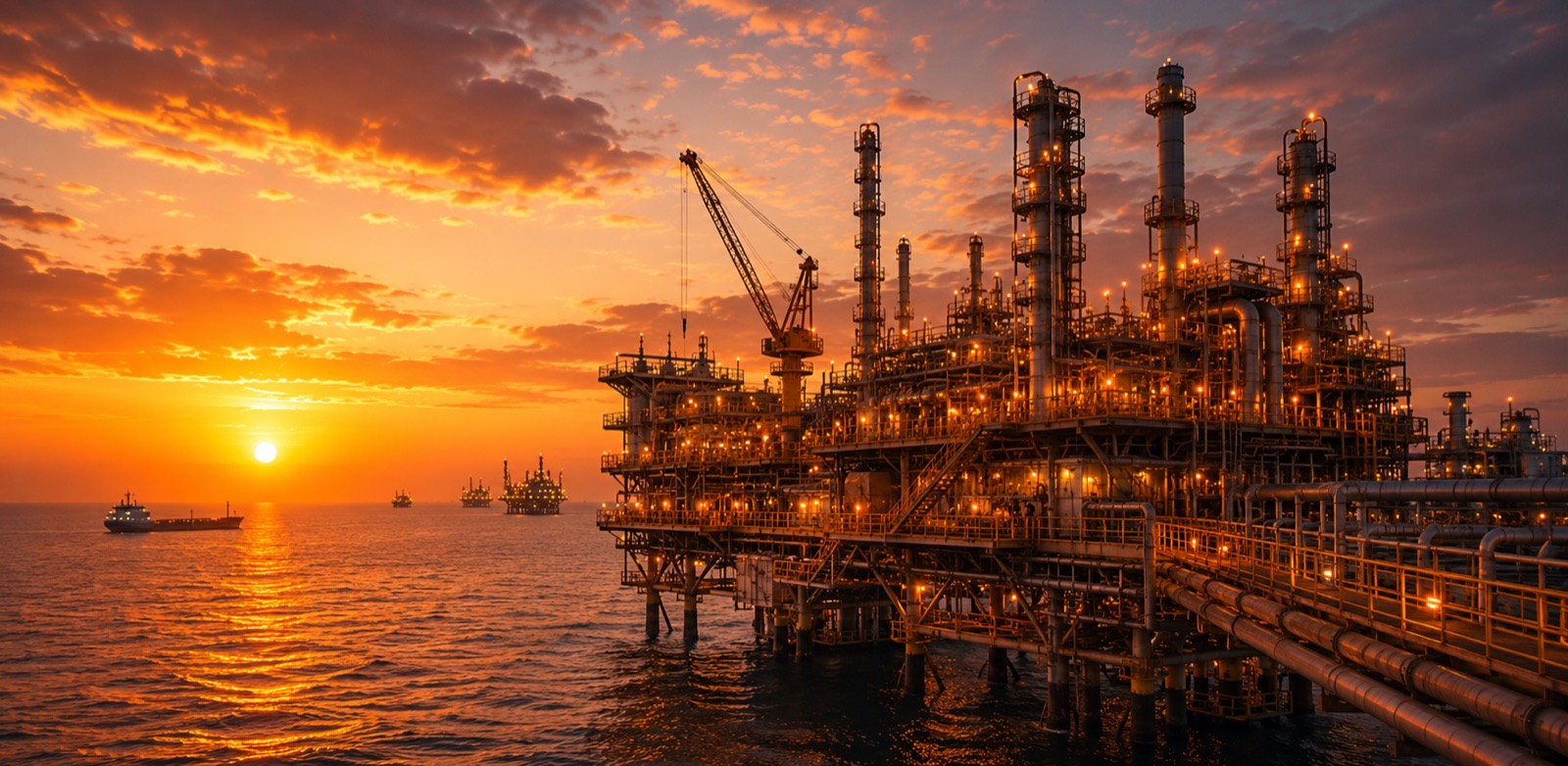 Offshore oil and gas platform at sunset